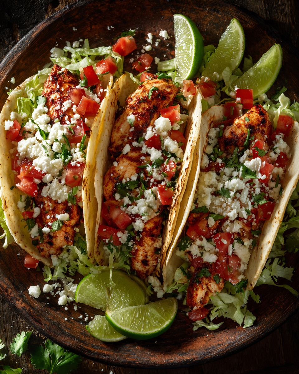 Close-up chicken tacos Mexican with juicy seasoned chicken and fresh toppings