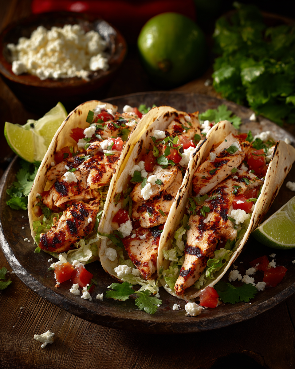 Overhead chicken tacos Mexican served with fresh toppings