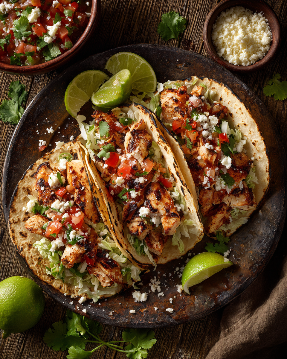 Chicken tacos Mexican food photography with warm light and cotija cheese