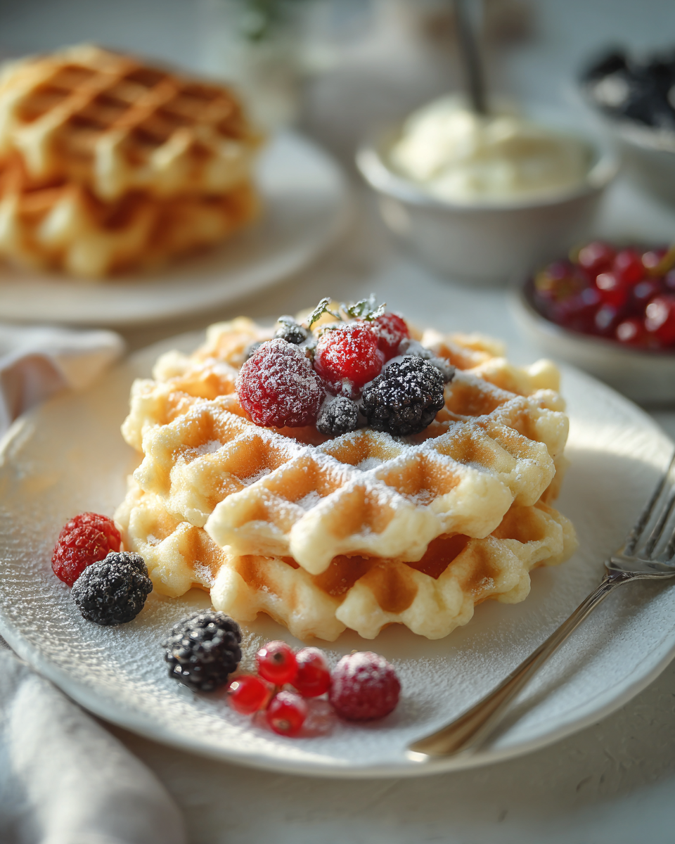 Quarkwaffelteig und goldene Waffeln im Waffeleisen