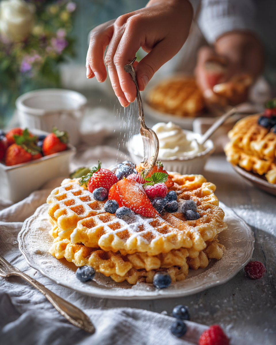 Serviervorschlag für fluffige Quarkwaffeln ohne Butter mit Beeren