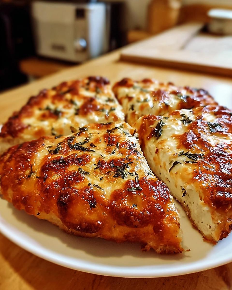 Close-up of four slices of 3-Ingredient Cottage Cheese Pizza on a white plate, with golden brown cheese and herbs.