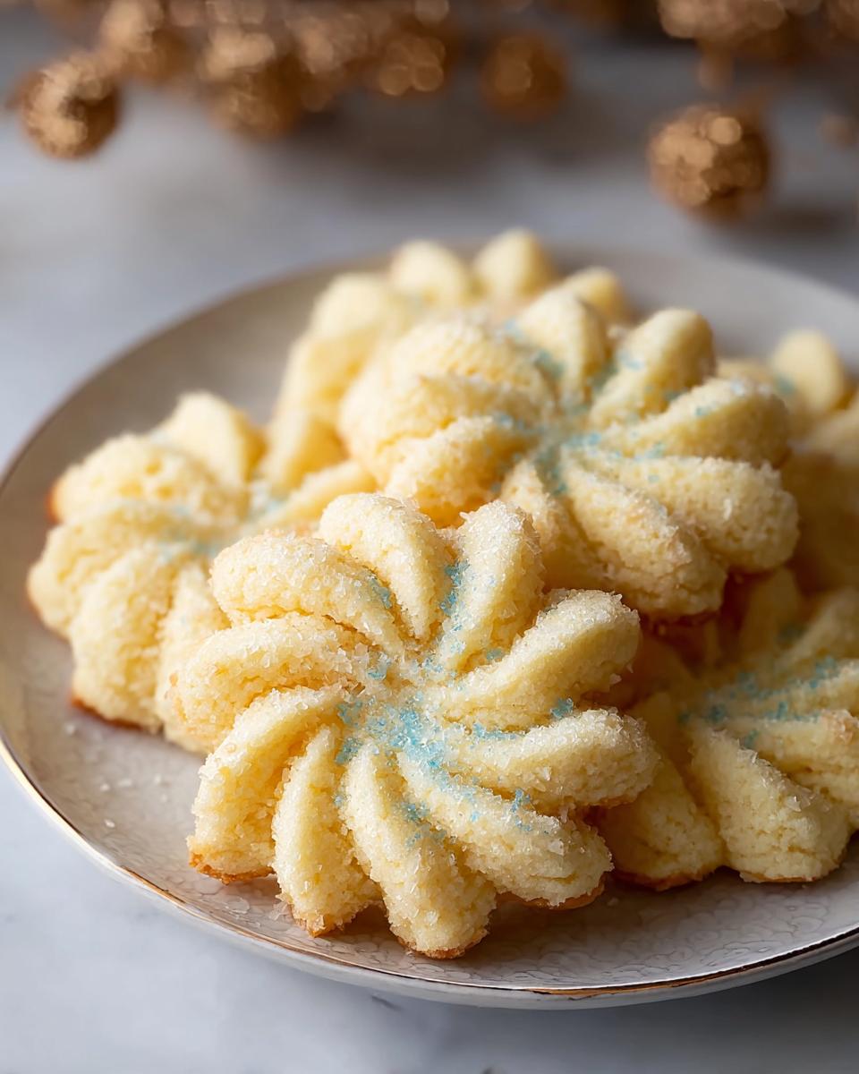 Close-up of delicious Almond Vanilla Spritz Cookies, shaped like stars and dusted with sugar and blue sprinkles.