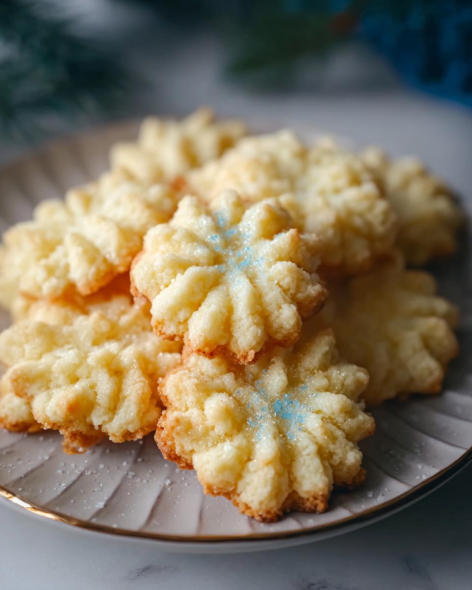 Close-up of delicate Almond Vanilla Spritz Cookies dusted with sugar and blue sprinkles on a plate.