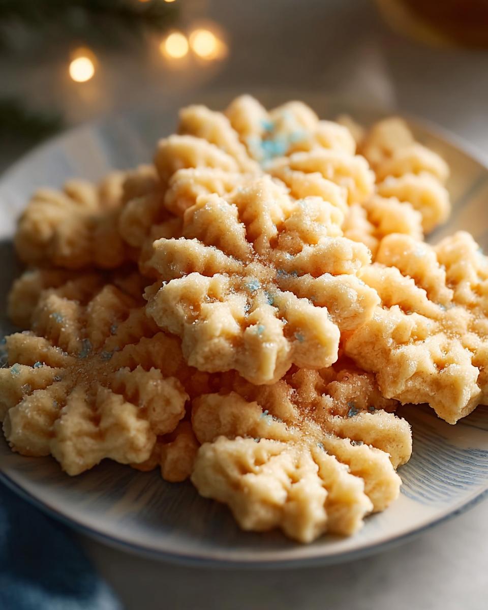 Close-up of a pile of golden Almond Vanilla Spritz Cookies, lightly dusted with sugar and blue sprinkles.