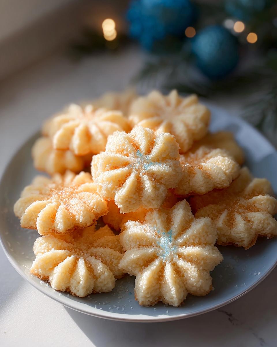 A close-up of a pile of golden Almond Vanilla Spritz Cookies, dusted with sugar and a hint of blue sparkle.