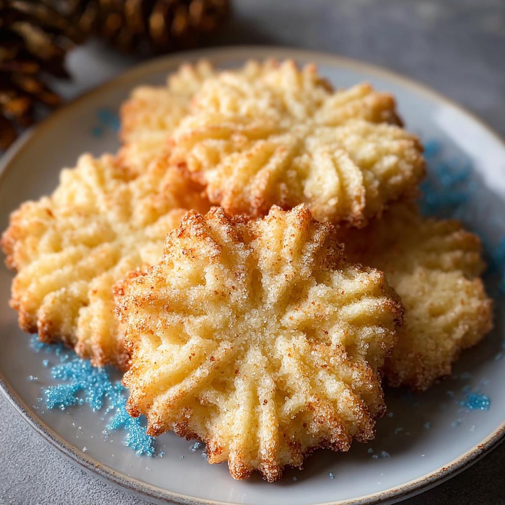 Close-up of golden-brown Almond Vanilla Spritz Cookies with a starburst pattern, dusted with sugar.