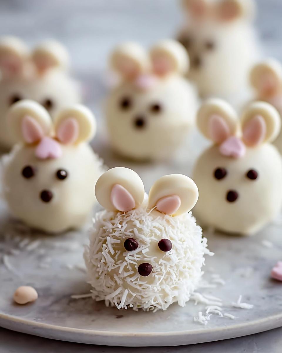 Close-up of a fluffy Bunny Oreo Ball coated in shredded coconut, with chocolate chip eyes and pink candy ears.