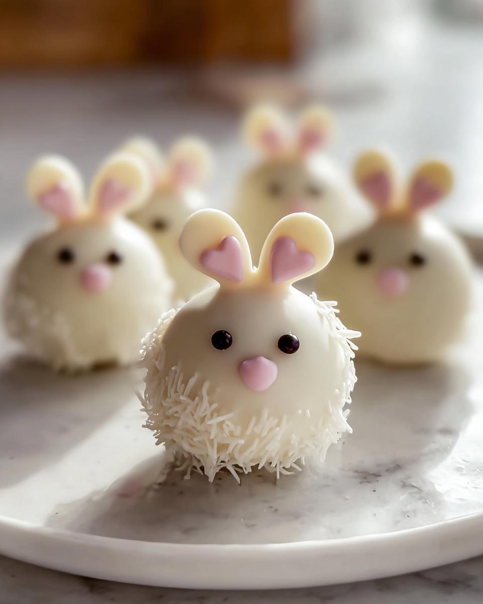 Close-up of adorable white chocolate Bunny Oreo Balls decorated with pink hearts and shredded coconut fur.