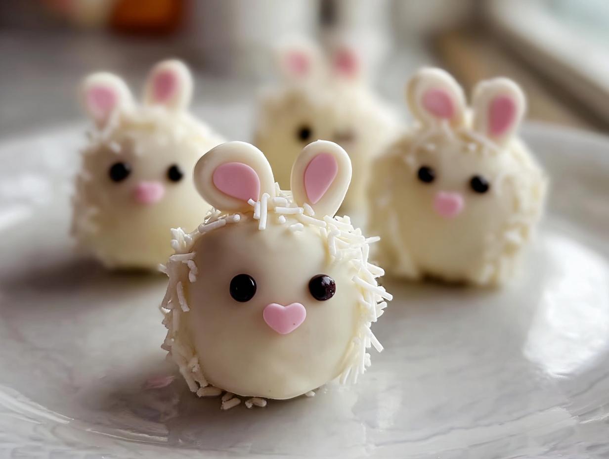 Close-up of cute white chocolate-covered Bunny Oreo Balls with pink ears and black eyes.