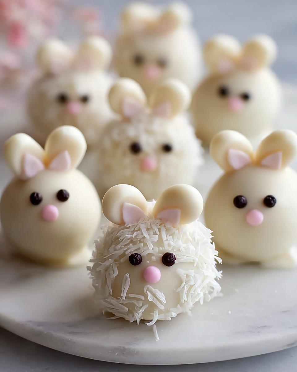 A group of adorable white chocolate Bunny Oreo Balls decorated with pink noses and dark chocolate eyes.