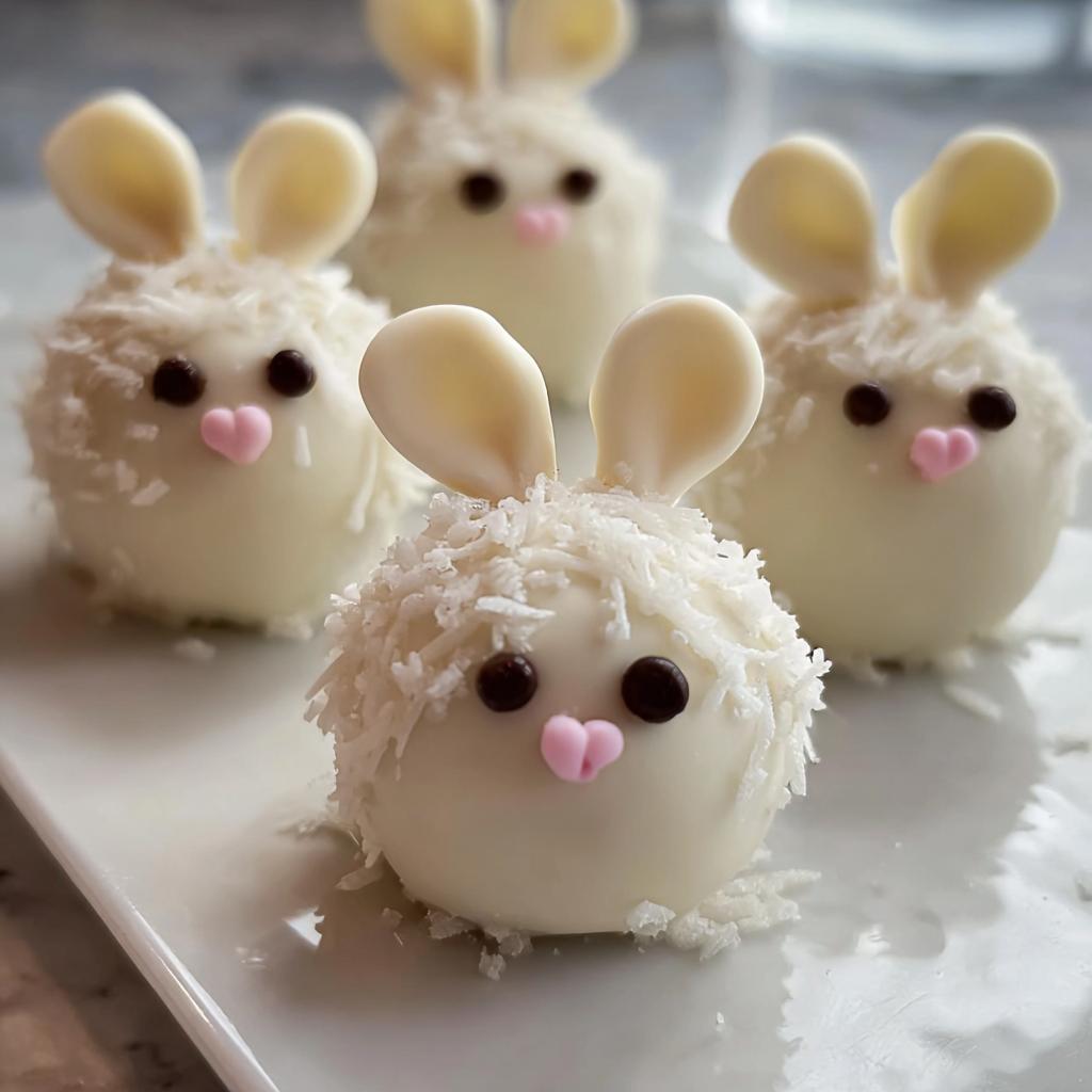 A group of adorable Bunny Oreo Balls covered in white chocolate and shredded coconut, with chocolate chip eyes and pink candy noses.