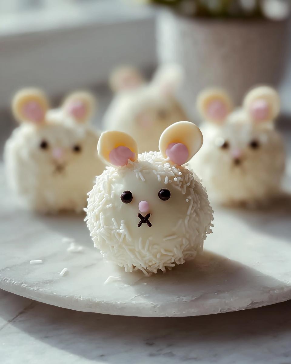 Close-up of a white chocolate-covered Bunny Oreo Ball decorated with white sprinkles, candy eyes, and pink ears.