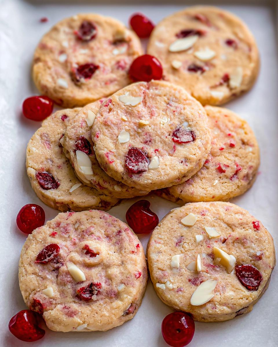 A close-up of several Cherry Icebox Cookies, studded with dried cherries and white chocolate chips, with whole cherries scattered around.