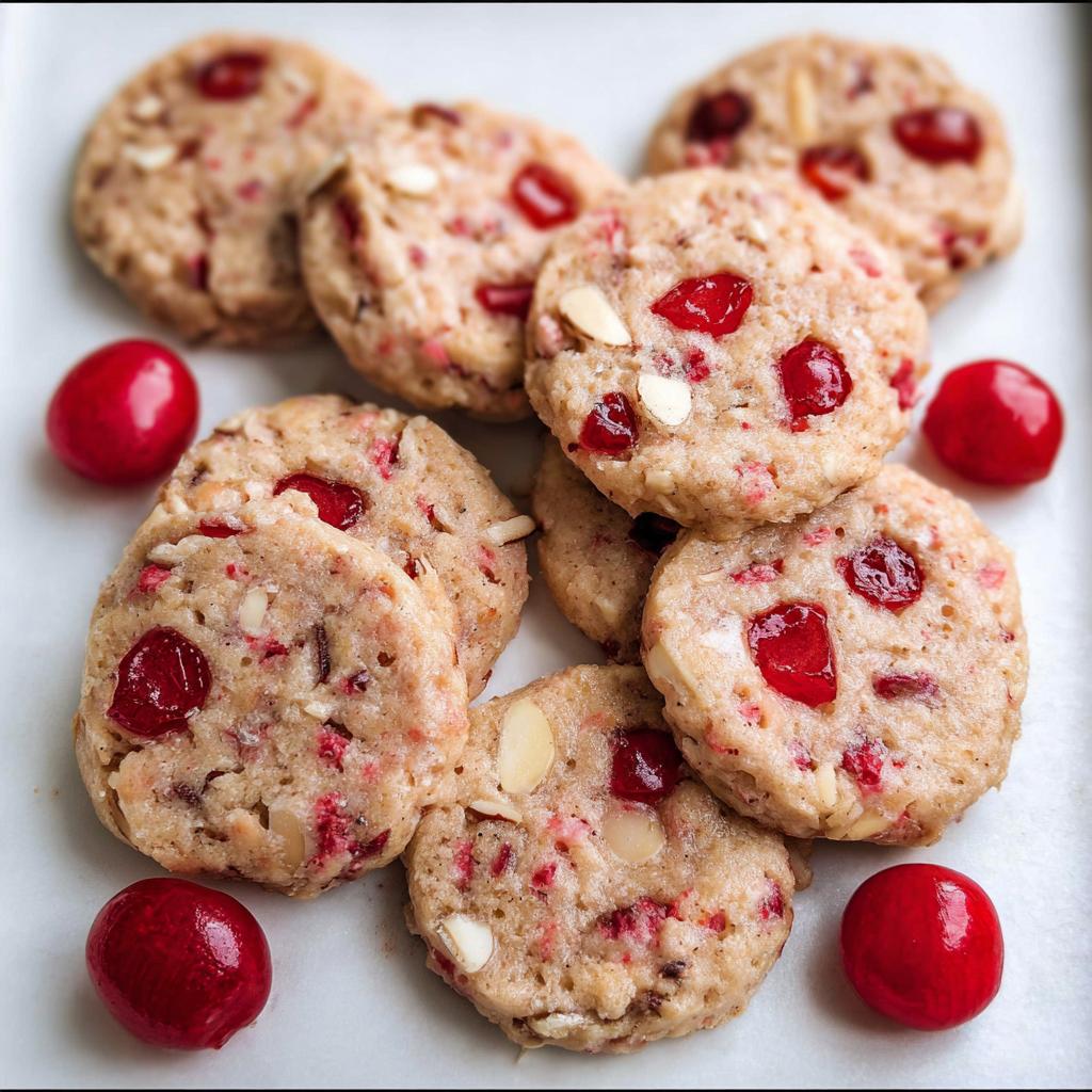A close-up of several round Cherry Icebox Cookies, studded with bright red cherries and slivers of almonds.