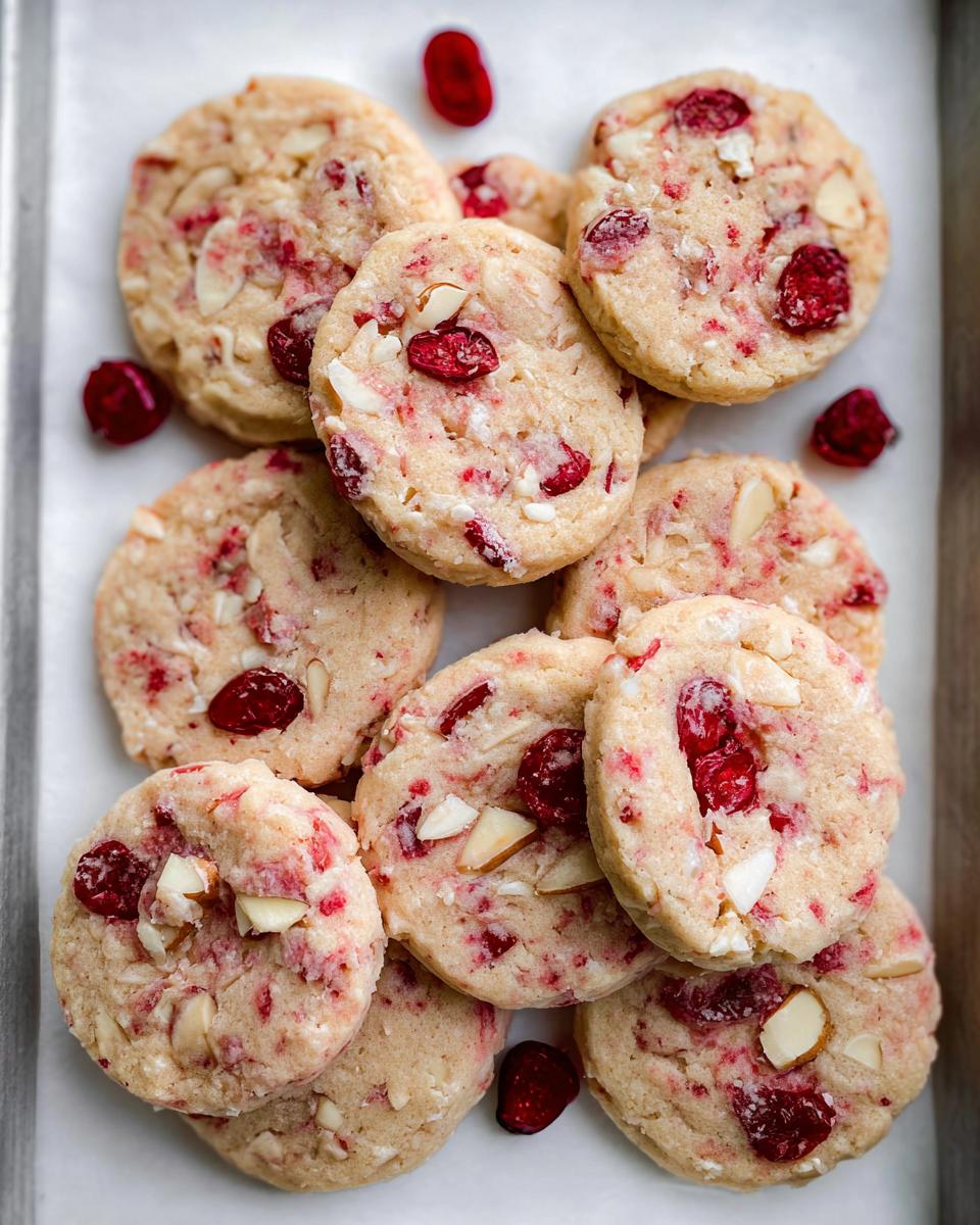 A close-up overhead view of a pile of Cherry Icebox Cookies, studded with dried cherries and slivered almonds.