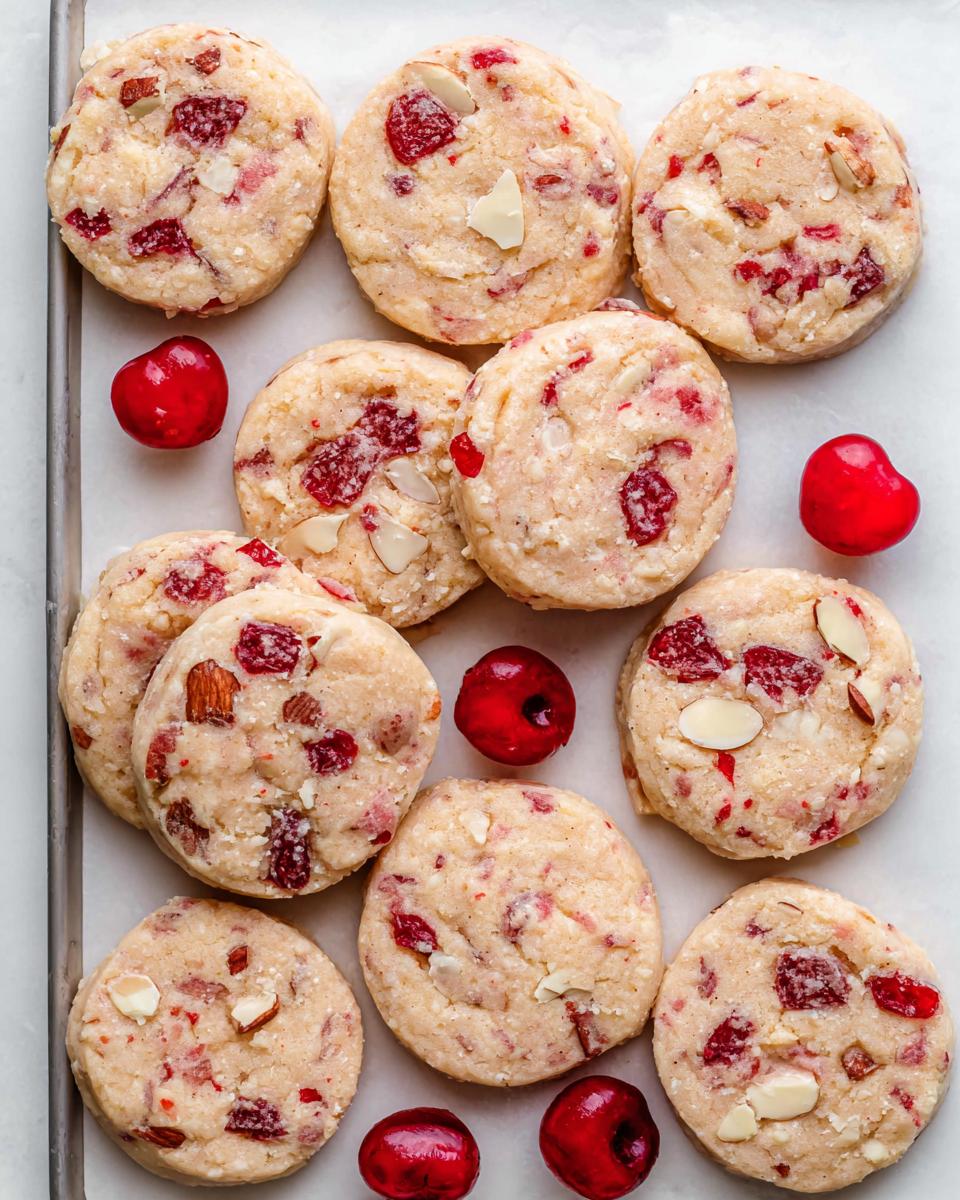 A close-up overhead view of freshly baked Cherry Icebox Cookies with visible cherry pieces and almond slivers on a baking sheet.