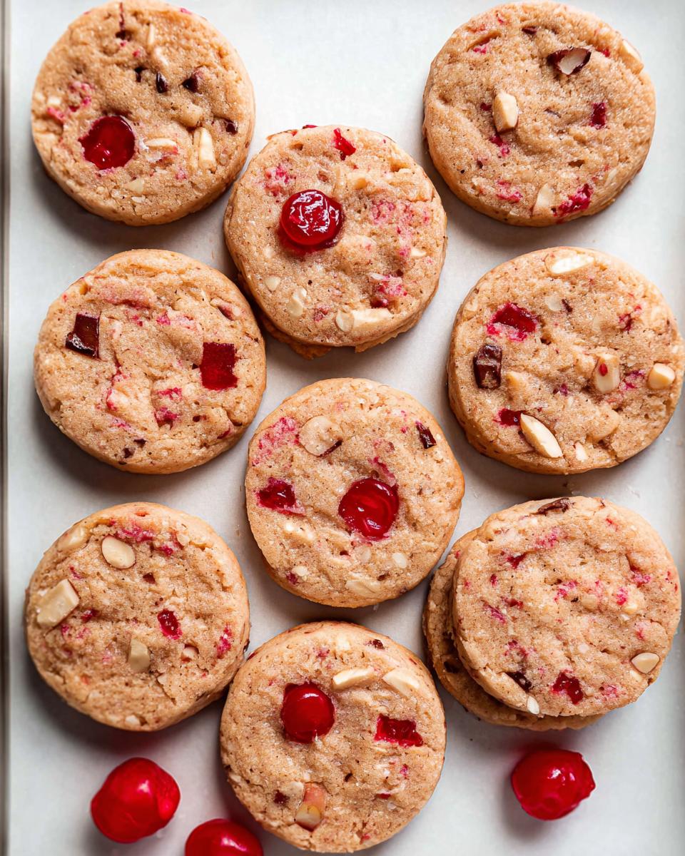A close-up overhead view of several delicious Cherry Icebox Cookies, studded with cherries and nuts.