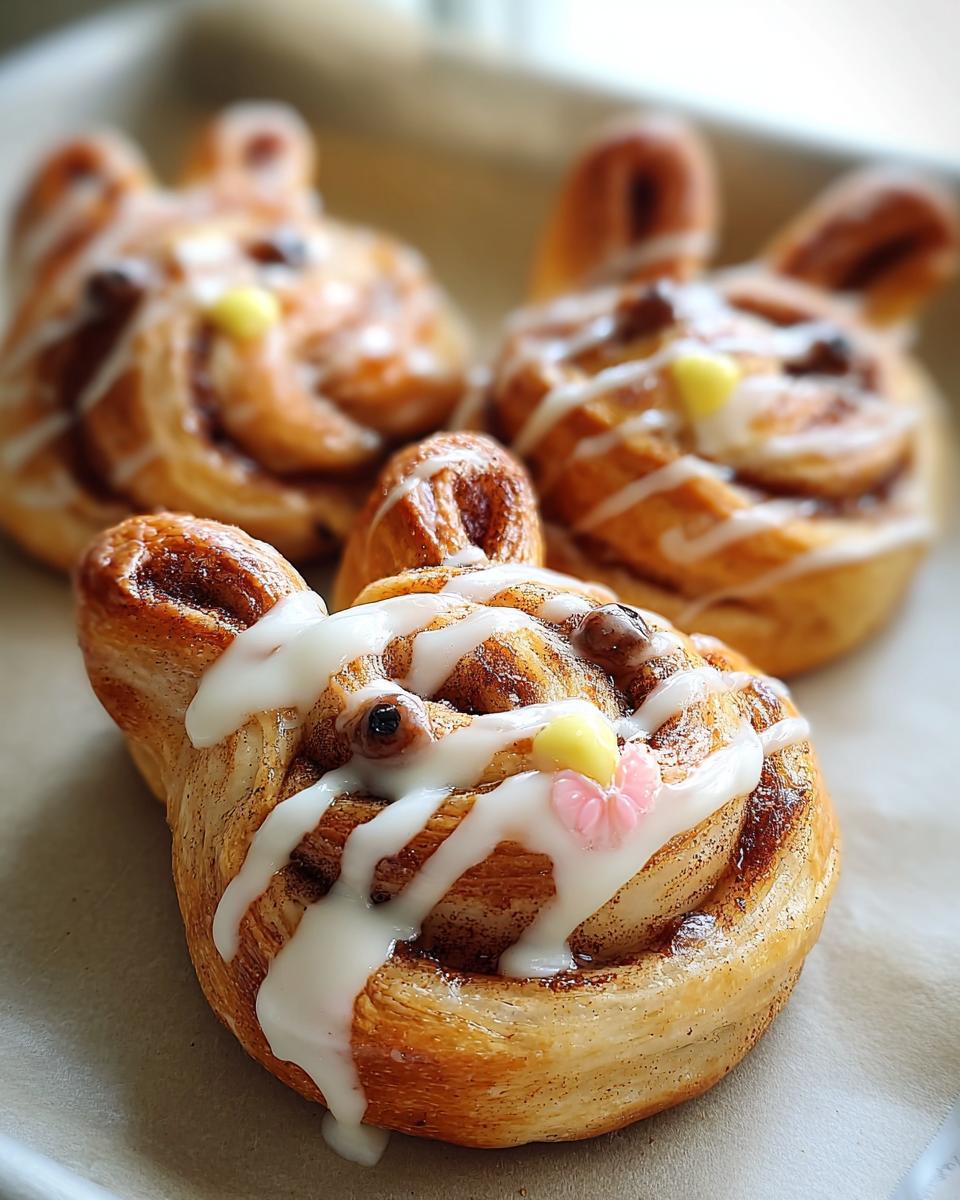 Close-up of three adorable Cinnabunnies, shaped like bunny faces, drizzled with white icing and decorated with yellow dots and pink flowers.