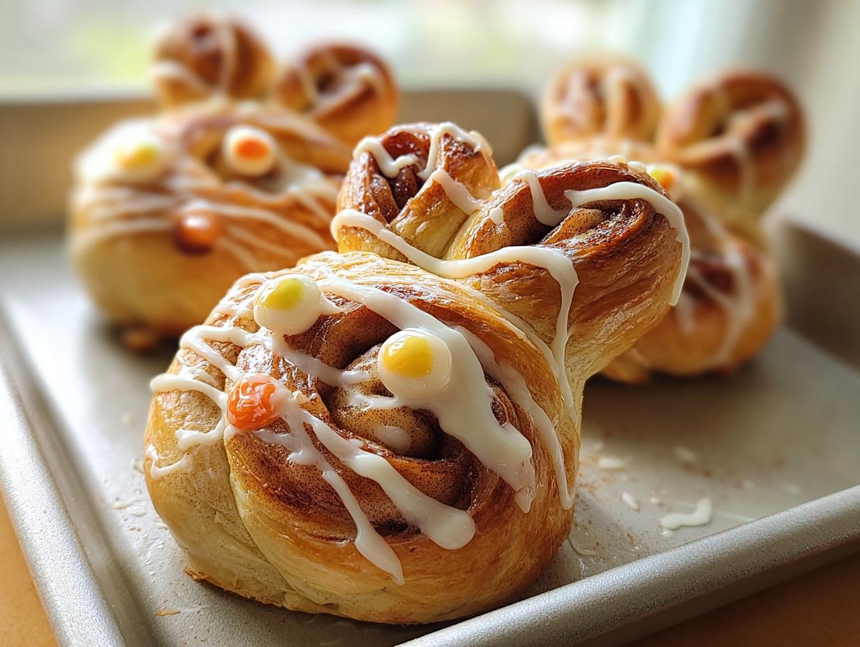 Close-up of adorable Cinnabunnies, cinnamon rolls decorated to look like bunnies with icing and candy eyes.