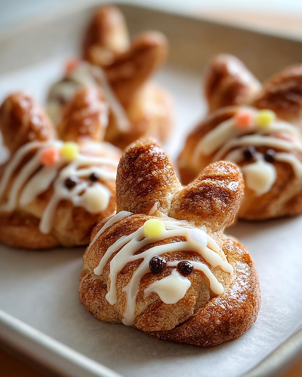 Close-up of adorable Cinnabunnies decorated with white icing, chocolate chip eyes, and candy noses.