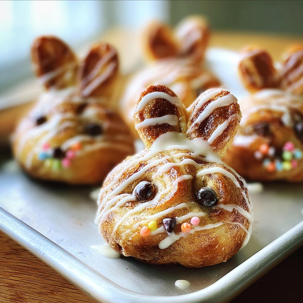 Close-up of cute Cinnabunnies decorated with white icing, chocolate chip eyes, and colorful sprinkle noses.
