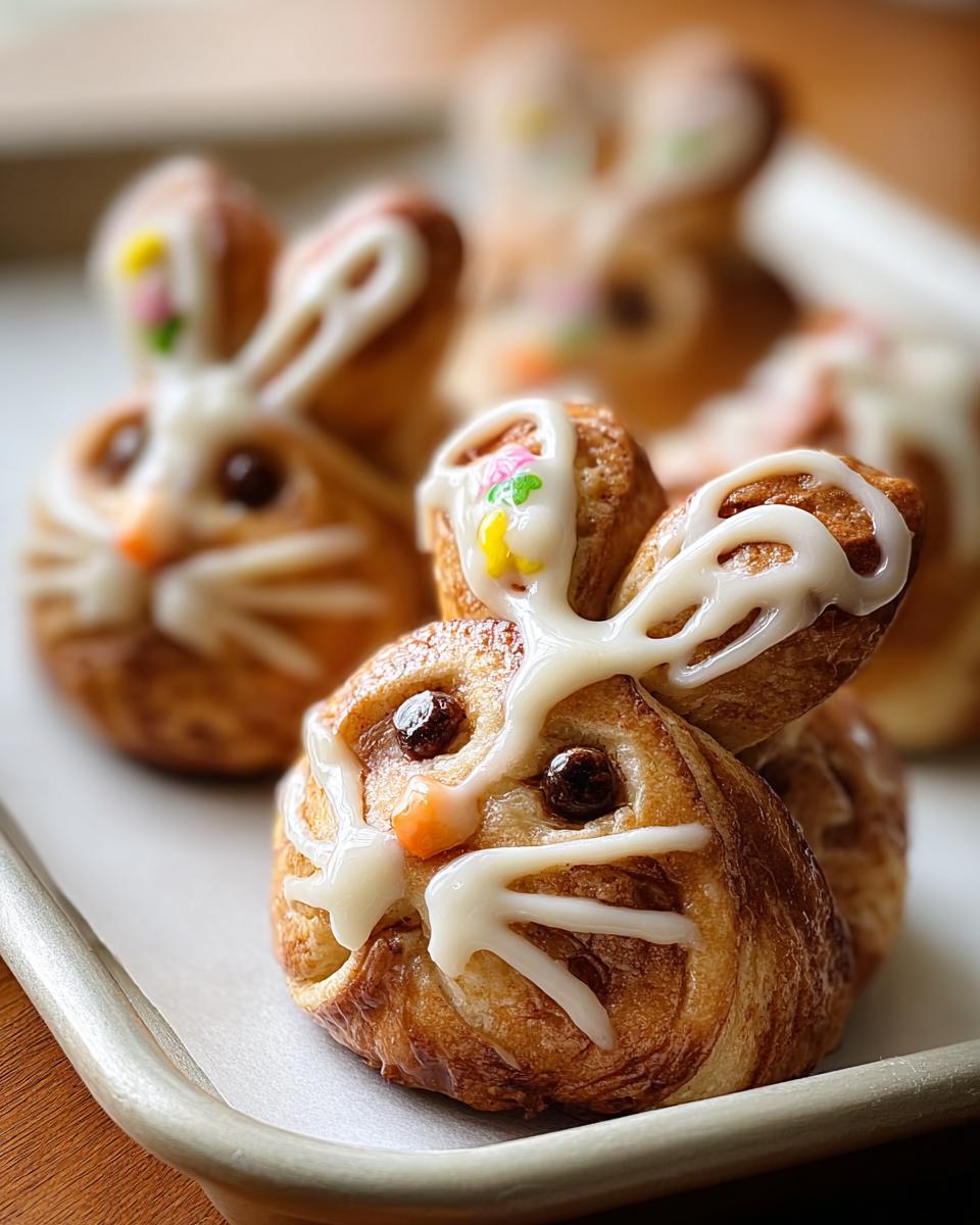 Close-up of adorable Cinnabunnies decorated with white icing, candy eyes, and colorful sprinkles.