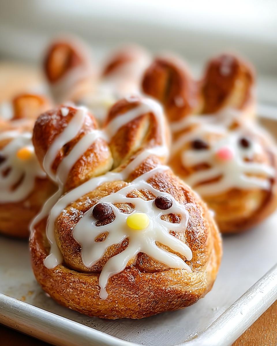 Close-up of a freshly baked Cinnabunny, decorated with white icing, chocolate chip eyes, and a yellow candy nose.
