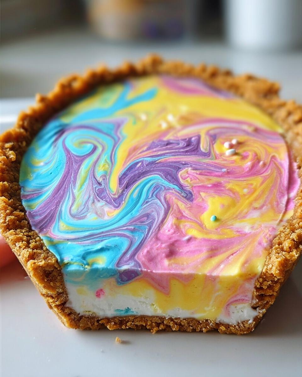 Close-up of a Colorful Swirled Pie for Easter, featuring vibrant pastel colors swirled in a graham cracker crust.