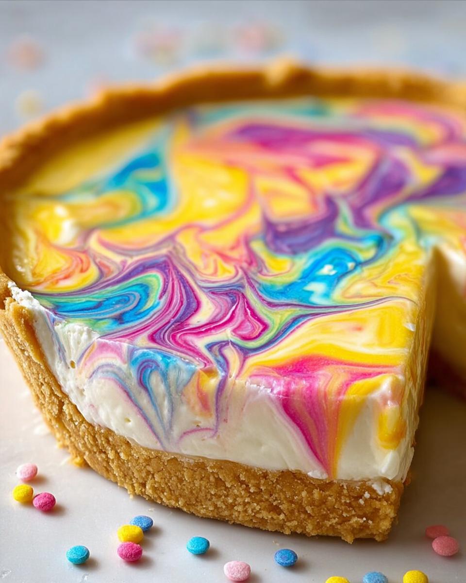 A slice of a colorful swirled pie for Easter, showcasing vibrant pink, blue, yellow, and purple swirls on a creamy white filling with a graham cracker crust.