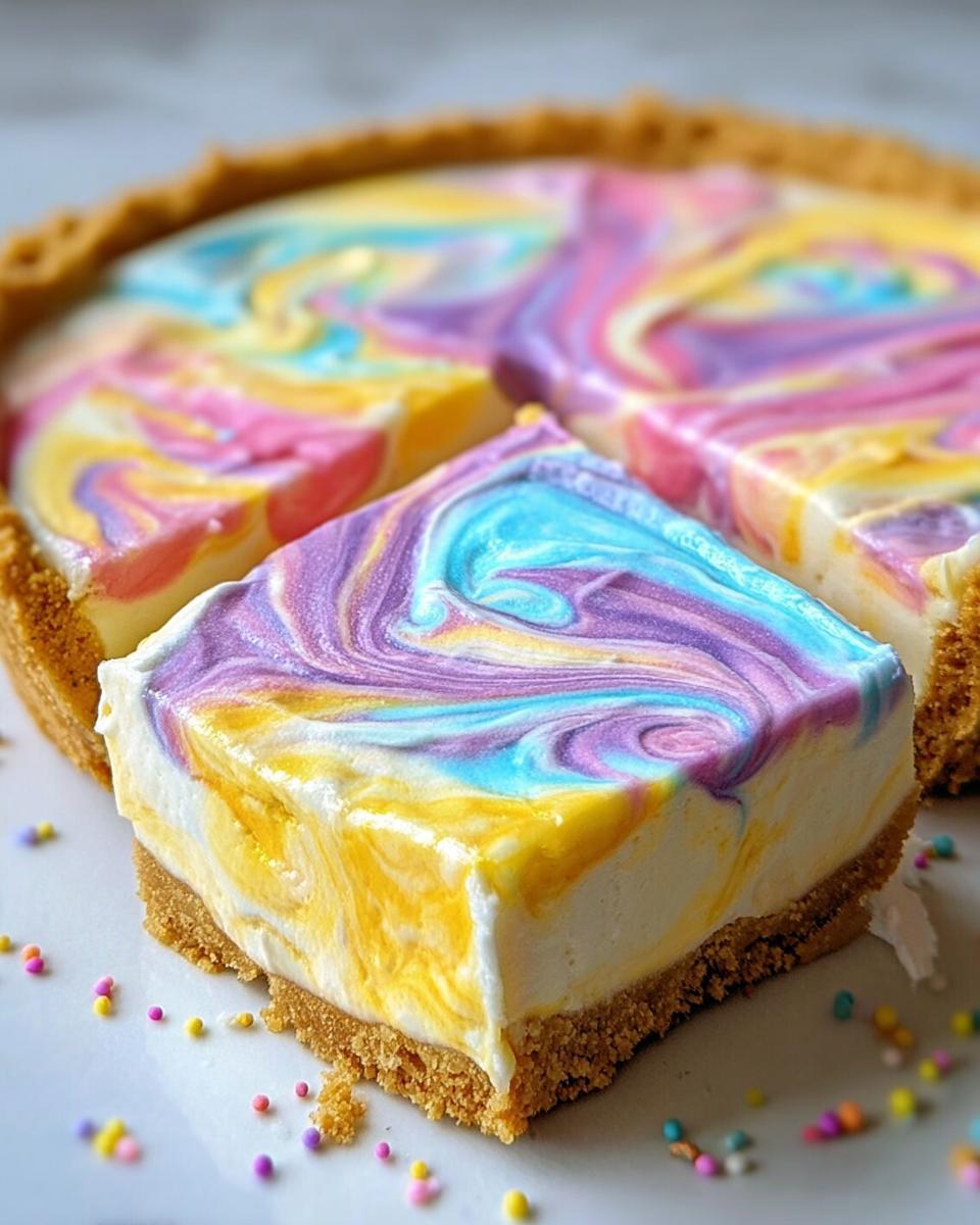 A slice of Colorful Swirled Pie for Easter with vibrant pastel swirls on a graham cracker crust, sprinkled with confetti.