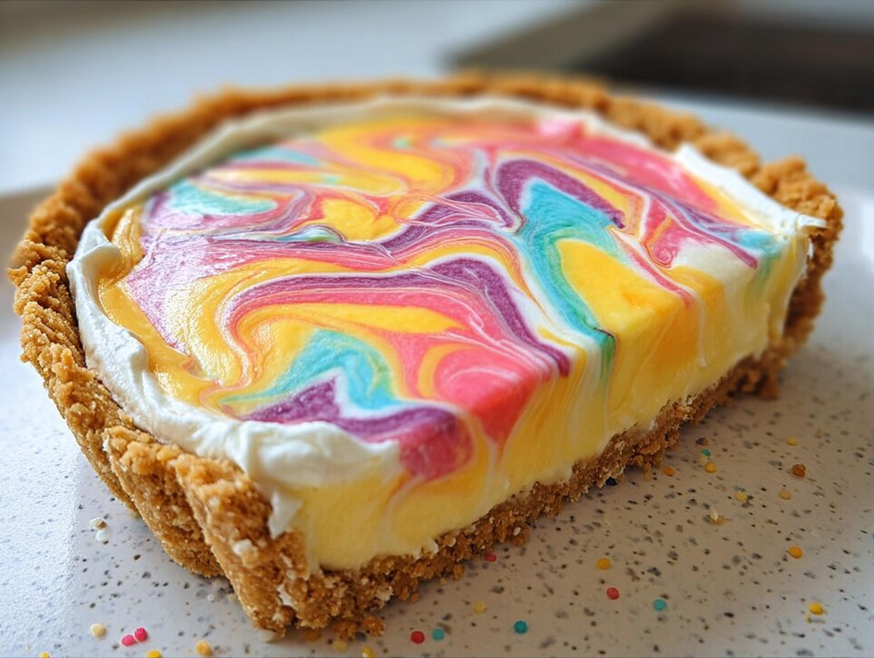 A slice of a colorful swirled pie for Easter, featuring a graham cracker crust and vibrant pastel swirls.