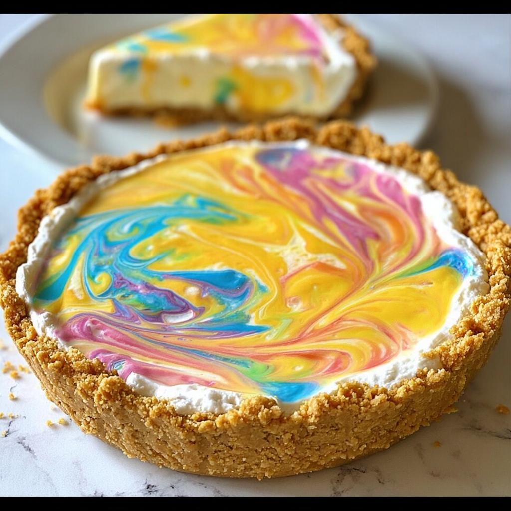 A close-up view of a Colorful Swirled Pie for Easter, featuring a graham cracker crust and a vibrant, marbled filling.