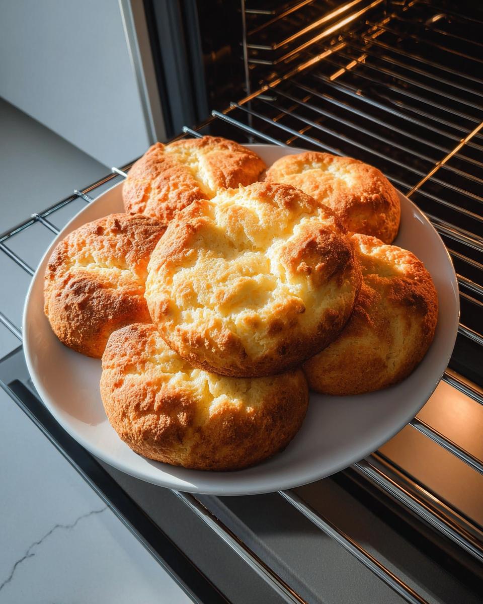 A plate of golden-brown Cottage Cheese Cloud Bread sitting on an oven rack, freshly baked.