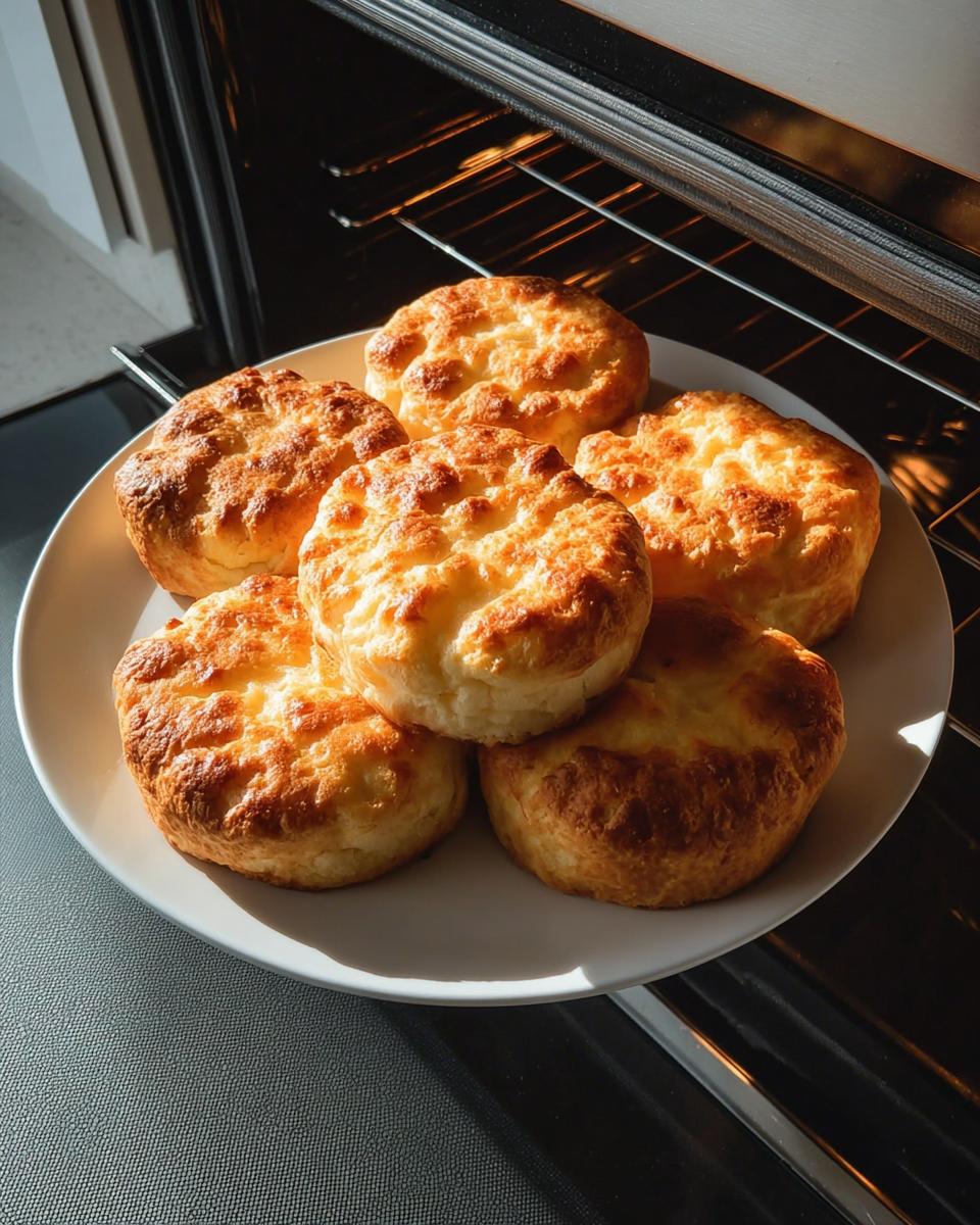 A plate of golden-brown Cottage Cheese Cloud Bread, freshly baked and stacked, with an oven rack visible in the background.