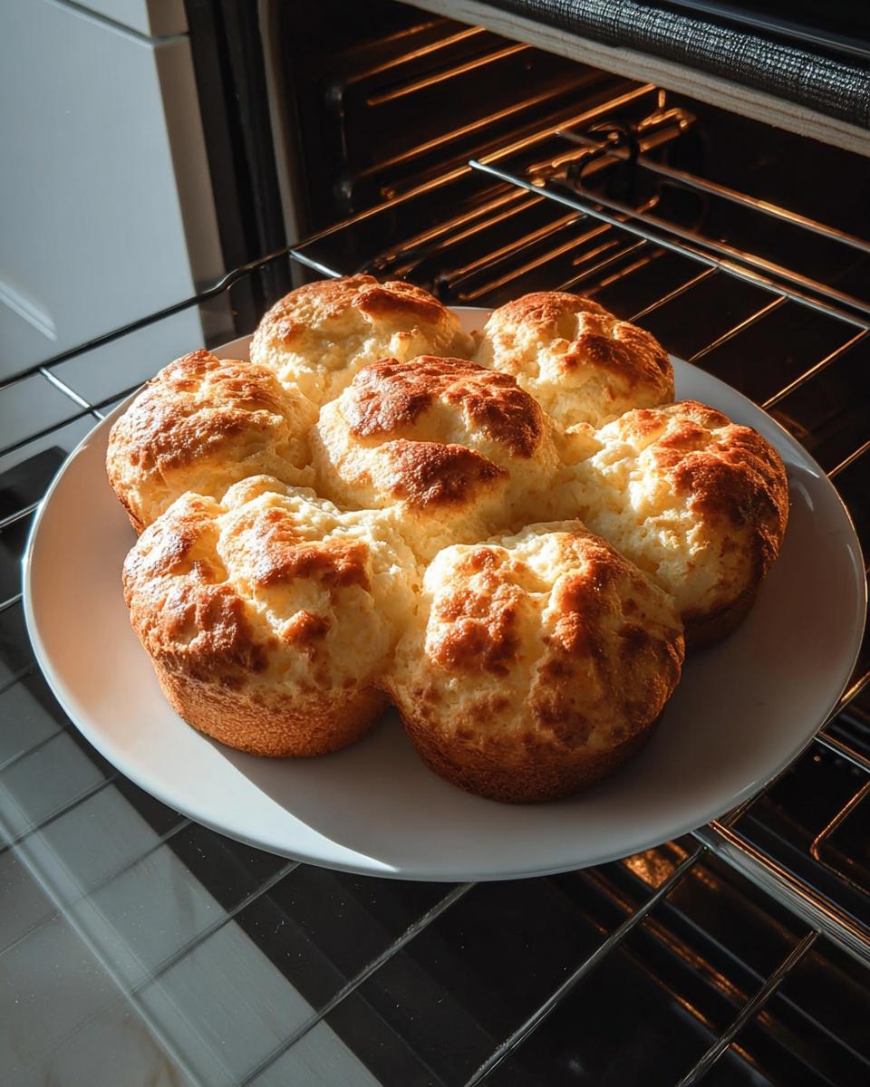 A white plate filled with golden-brown Cottage Cheese Cloud Bread, fresh from the oven.