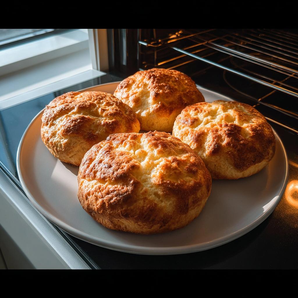 Four golden-brown Cottage Cheese Cloud Bread buns on a white plate, fresh from the oven.