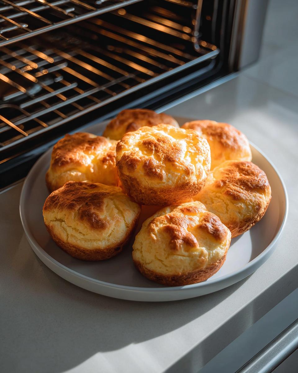 A plate of freshly baked Cottage Cheese Cloud Bread muffins, golden brown and airy, with an oven in the background.