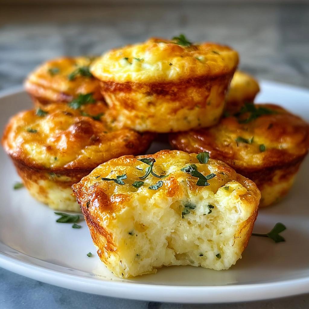 A stack of fluffy cottage cheese egg bites, garnished with parsley, with one bite taken out.