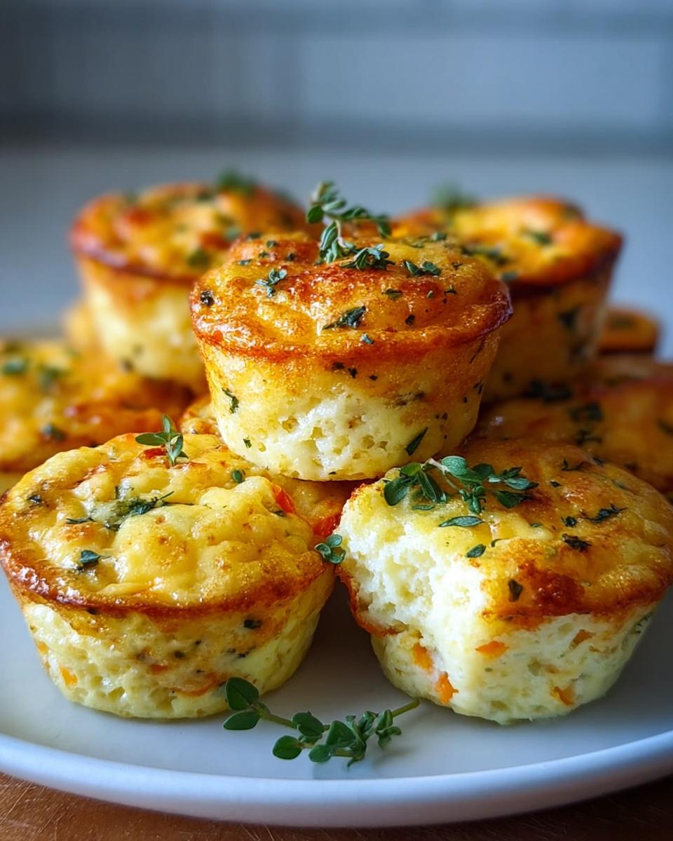 A stack of golden-brown Cottage Cheese Egg Bites, garnished with fresh herbs, one with a bite taken out.