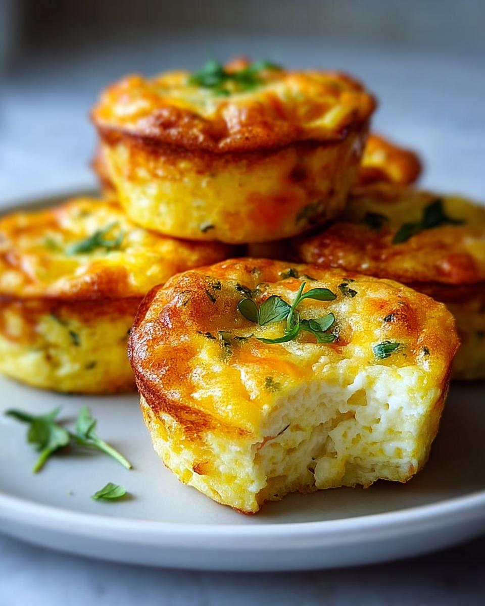 A close-up of golden-brown Cottage Cheese Egg Bites, one with a bite taken out, garnished with fresh herbs.