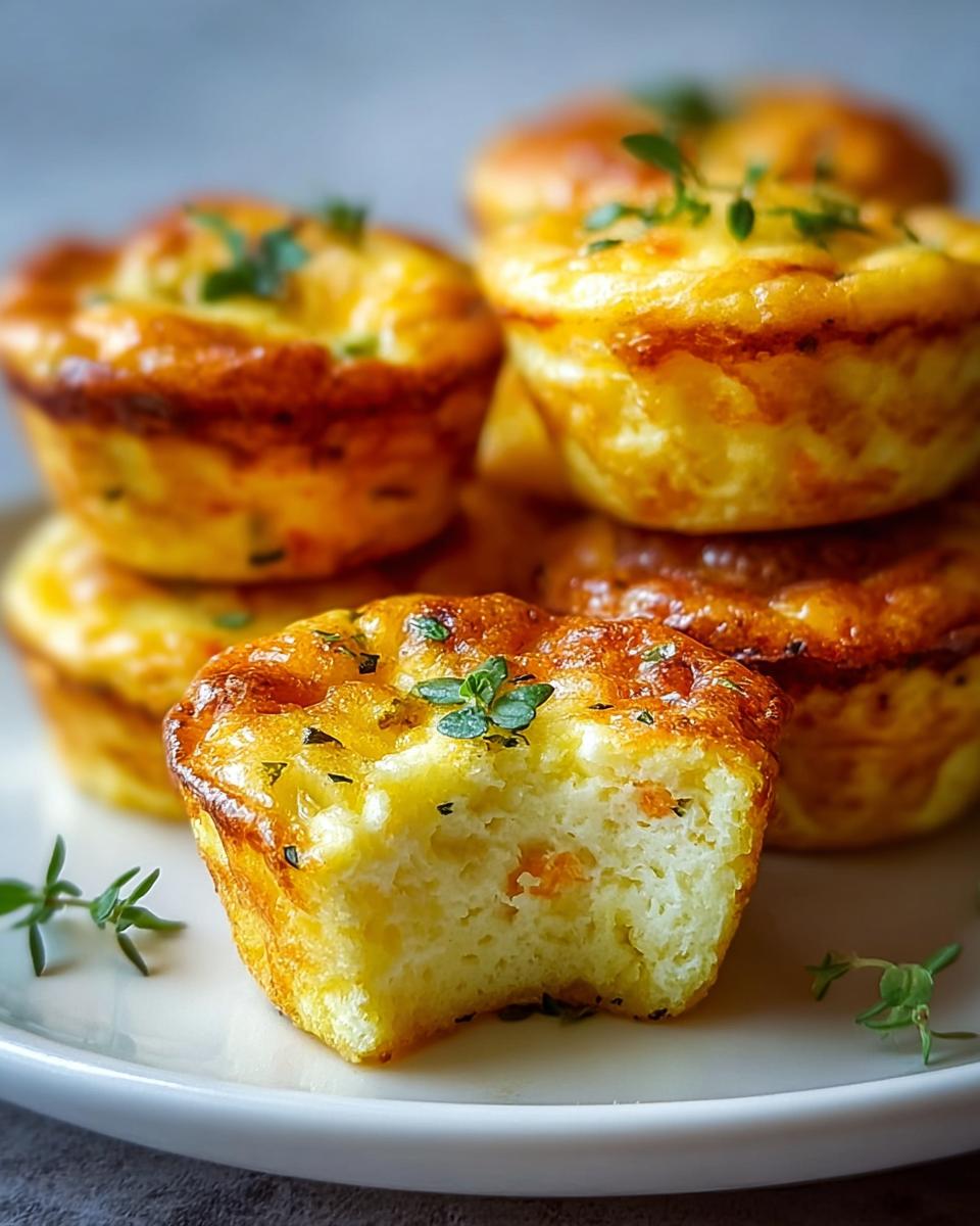 A close-up of golden-brown Cottage Cheese Egg Bites on a white plate, garnished with fresh thyme.