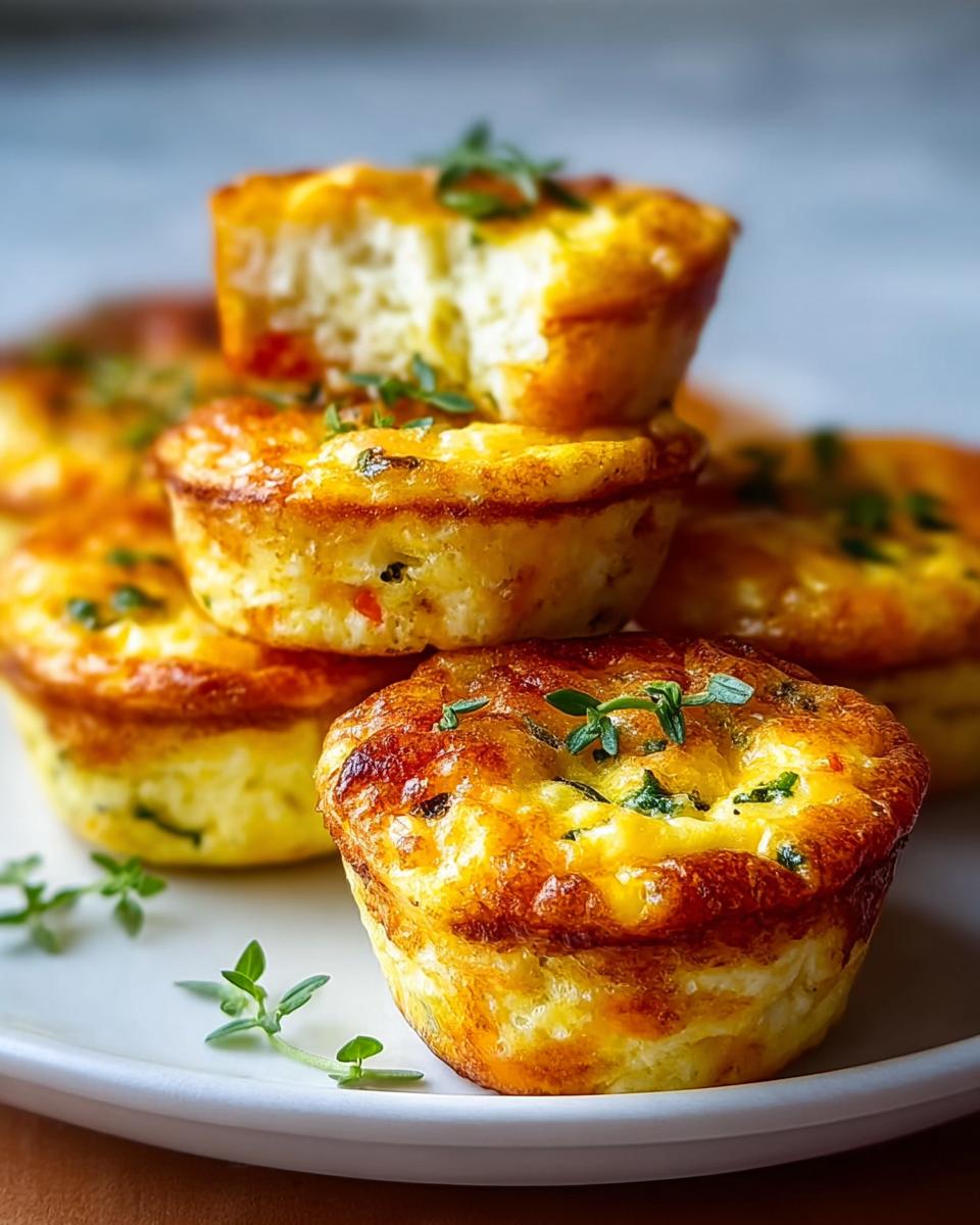 A stack of golden-brown Cottage Cheese Egg Bites topped with fresh herbs on a white plate.
