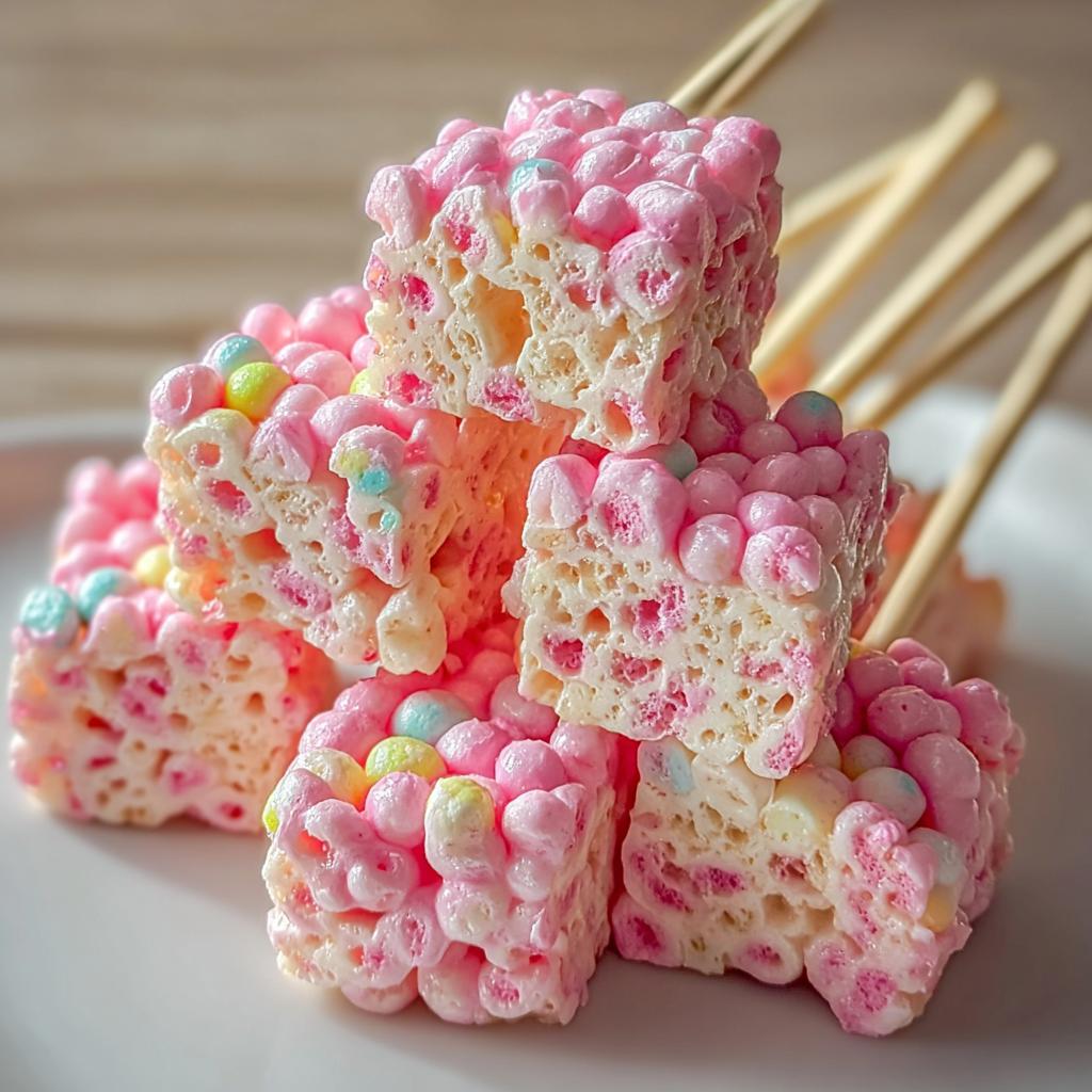 A stack of colorful Cotton Candy Rice Krispies treats, decorated with pink and pastel marshmallows.