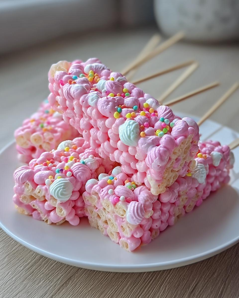 Close-up of pink Cotton Candy Rice Krispies treats decorated with frosting swirls and sprinkles on sticks.