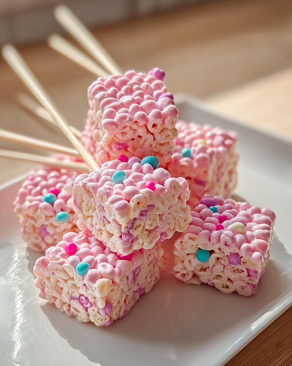 Close-up of several pink Cotton Candy Rice Krispies treats on sticks, decorated with colorful candy pearls.