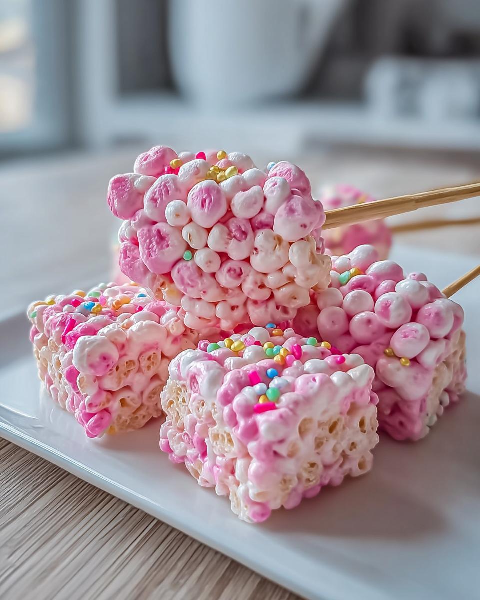 Close-up of pink Cotton Candy Rice Krispies treats topped with colorful sprinkles, some on skewers.