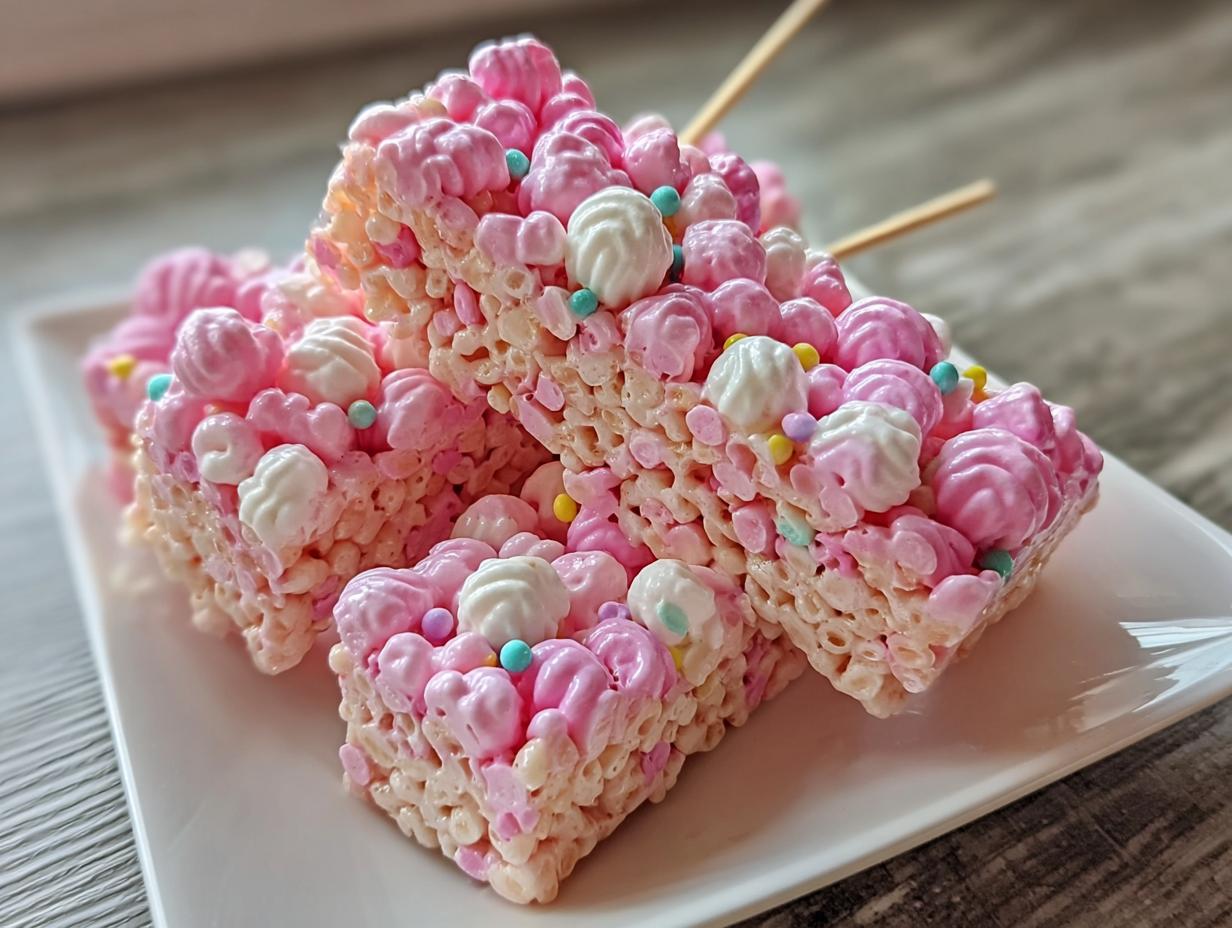 Close-up of pink Cotton Candy Rice Krispies treats decorated with mini marshmallows and sprinkles on a white plate.