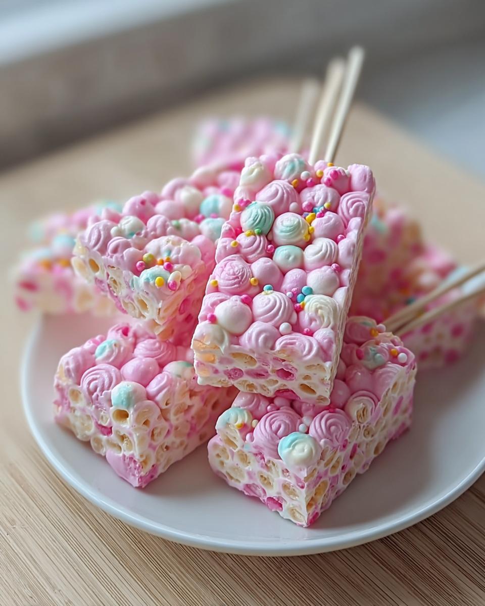 Close-up of festive Cotton Candy Rice Krispies treats decorated with pink and blue frosting swirls and colorful sprinkles.