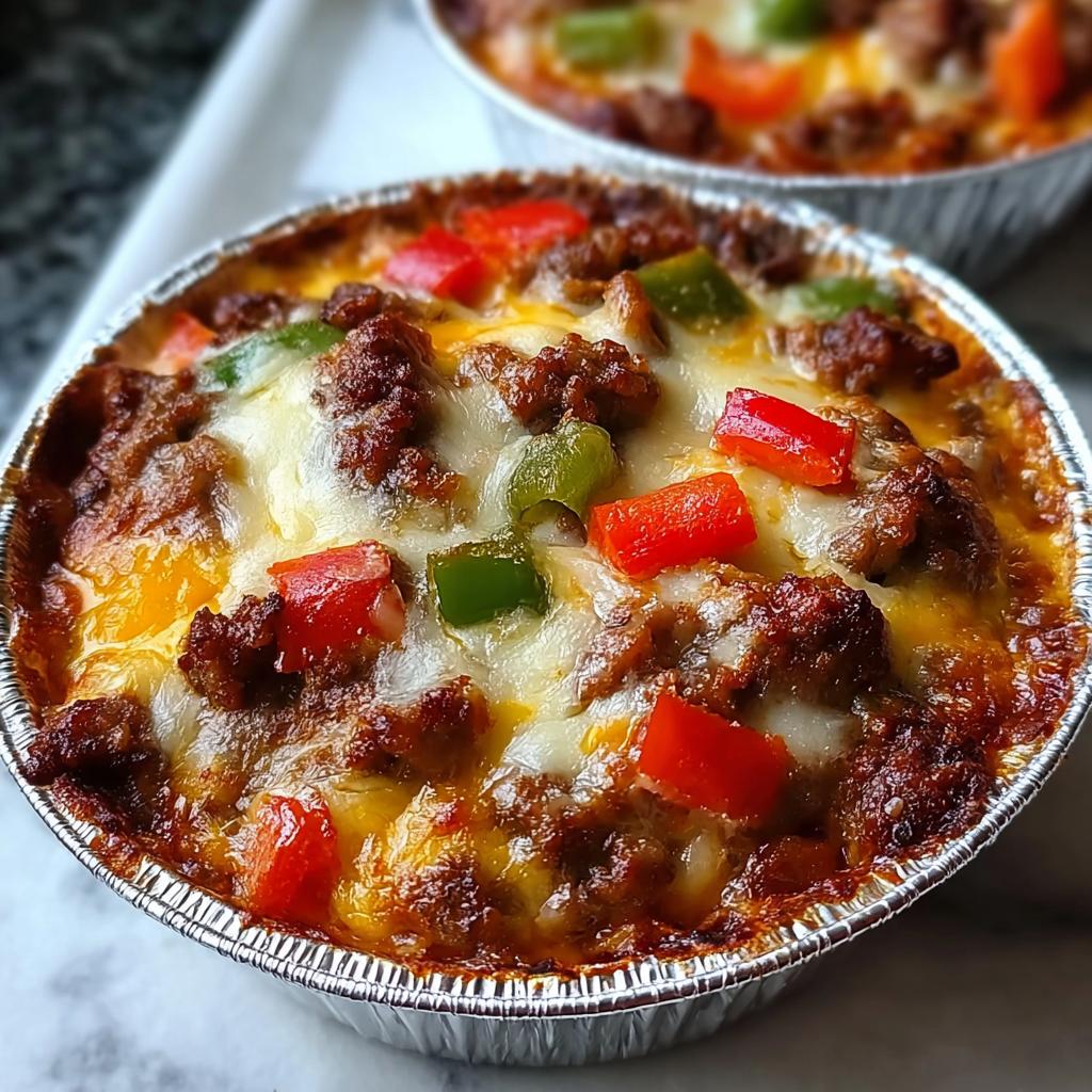 Close-up of a bubbly Crustless Pizza Bowl topped with melted cheese, ground meat, and diced red and green peppers.